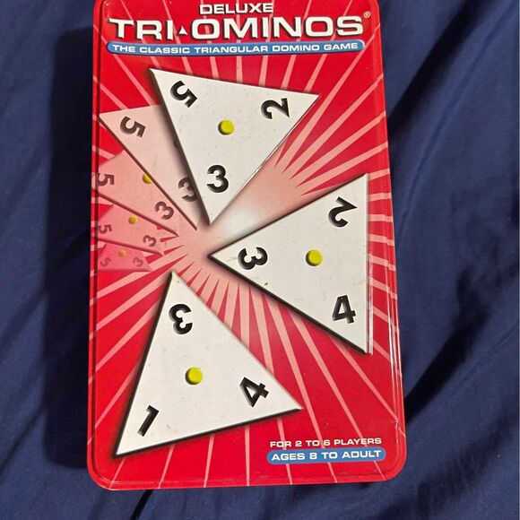 Tri-Ominos Deluxe Game 2006 3-Sided Dominos Dominoes Pressman Red Metal Tin - Picture 1 of 2